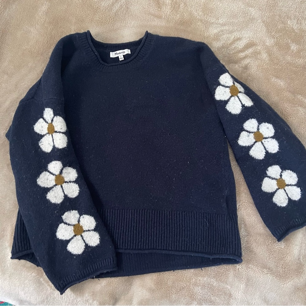 Madewell navy blue floral, Marina wool and cotton blend sweater
